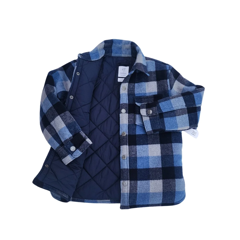 GAP Kids Boy's Work Shirt Jacket Shacket Lined Insulated Plaid Blue Gray, Size M